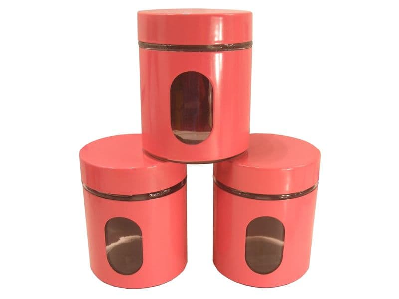 BN SET OF 3 PINK KITCHEN CANISTERS - COFFEE,TEA,SUGAR