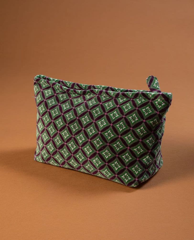 Cotton Velvet Wash Bag XL - Green Diamonds