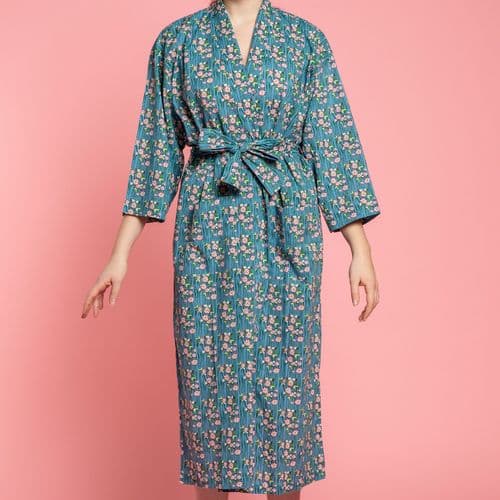 Printed Cotton - Long Robe - 60's Floral Blue