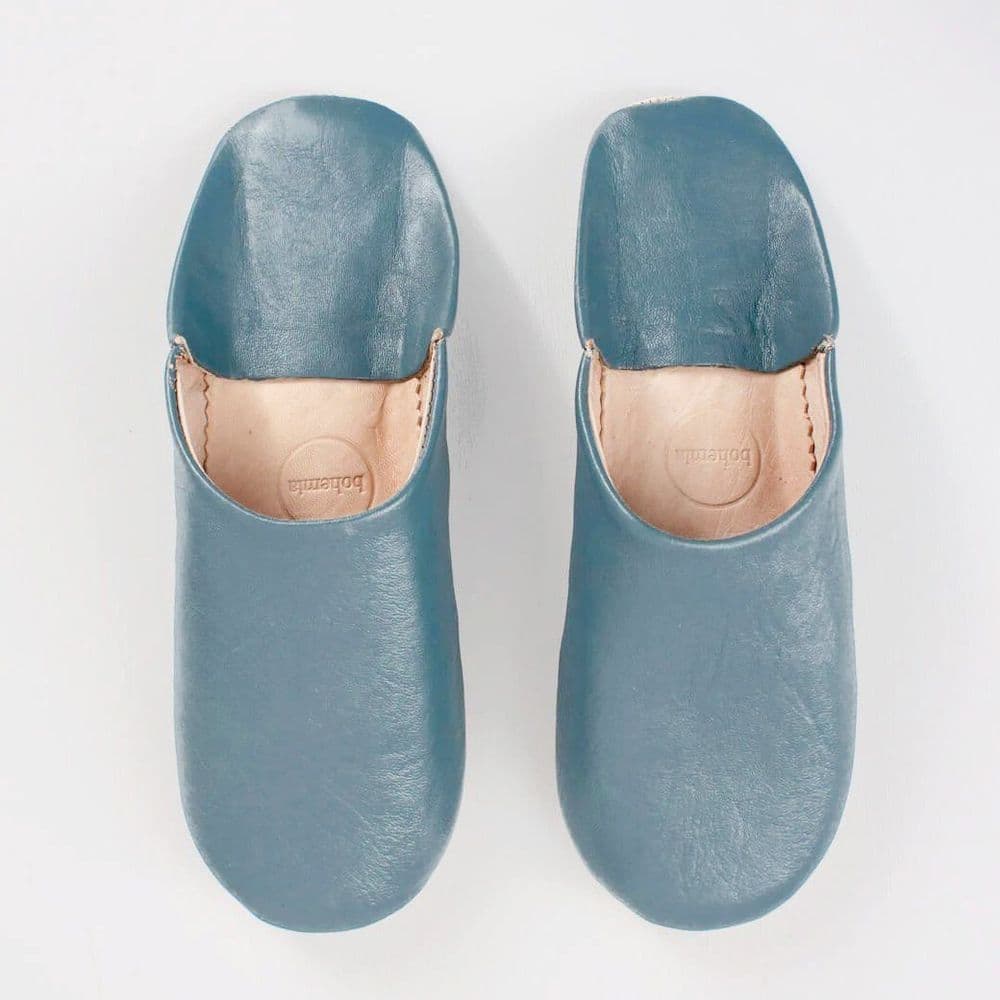 Women's Slippers - Leather Mules - Blue Grey